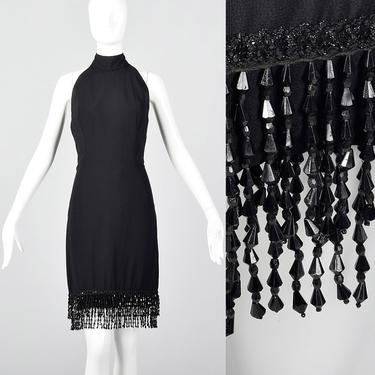 Medium Victor Costa Black Halter Dress Open Back Beading Sleeveless Party Vintage 1980s Sexy Little Black Dress 