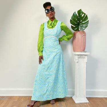 Vintage 1960s 1970s 70s Sleeveless Floral Cotton Dress Lace Detail Floor Length Paisley Print Dress Zip Back Closure A line Dress Medium 