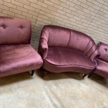 Art Deco Curved Channel Back Settee and 2 Lounge Chairs Newly Upholstered in Velvet