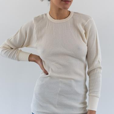 Vintage Cream Waffle Knit Thermal | Cotton Blend Layer Crew Neck | Waffleknit | S M | 
