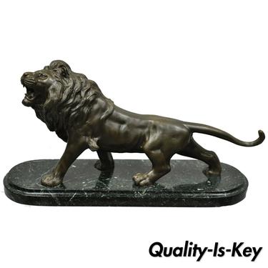 Bronze Male Roaring Lion Sculpture Statue on Marble Base Marked Barye