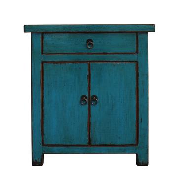 Oriental Distressed Teal Blue Lacquer Side End Table Nightstand cs5365S