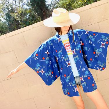 Ikat Indigo Kimono // vintage dress boho hippie blouse top 70s 1970s robe swimsuit cover bathing suit beach cropped // O/S 