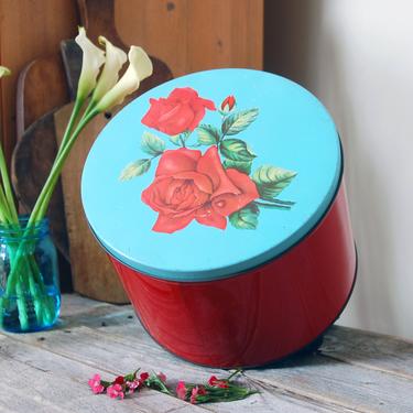Vintage red floral canister tin / large rose tin / metal flower print canisters / cottagecore / retro kitchen / shabby chic 