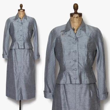 Vintage 50s Ice Blue Suit / 1950s Shimmering Silk Pencil Skirt Blazer Jacket Set 