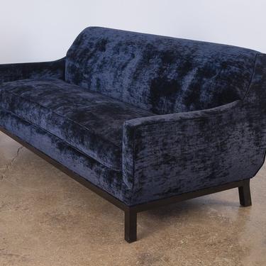 Lustrous Mid-Century Modern Blue Velvet Sofa 