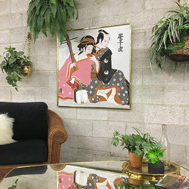 LOCAL PICKUP ONLY Vintage Japanese Painting 1970’s Retro Size 37x37 Acrylic on Canvas Painting of Japanese Man + Woman Musician in Kimono's 