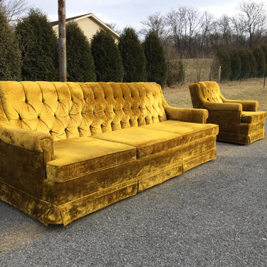 Tufted Gold Crushed Velvet Sofa and Chair set Hollywood Regency Mid Century 
