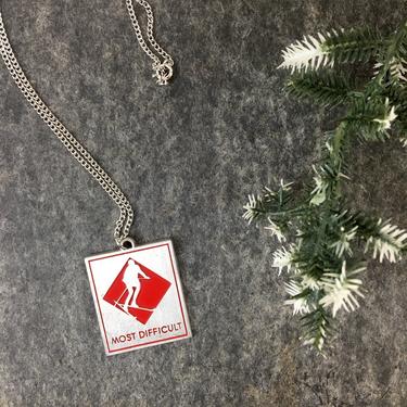 Pewter  &quot;Most Difficult&quot; ski trail marker pendant - 1980s vintage International Pewter skiing  pendant 