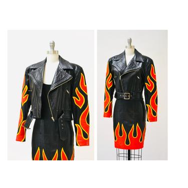 Vintage Black Leather Motorcycle Jacket Red by Michael Hoban North Beach// Vintage Leather Biker Jacket with Flames Black Size Small Medium 