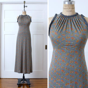 vintage 1970s sleeveless maxi dress • gray &amp; orange floral jersey boho dress 