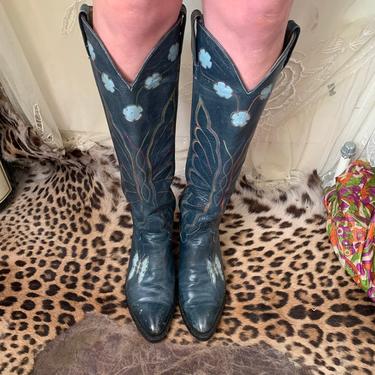 70's BUTTERFLY COWGRIL BOOTS - floral inlay - blue - tall - 8 womens 