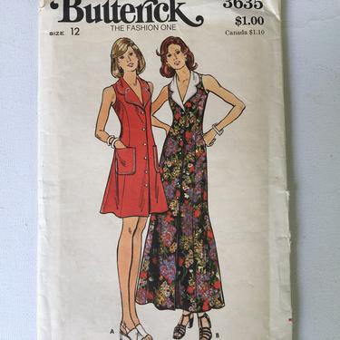 70's Vintage Butterick 3635, Size 12, UNCUT, Summer Dress, Semi-Fitted, A-Line Dress Two Lengths 
