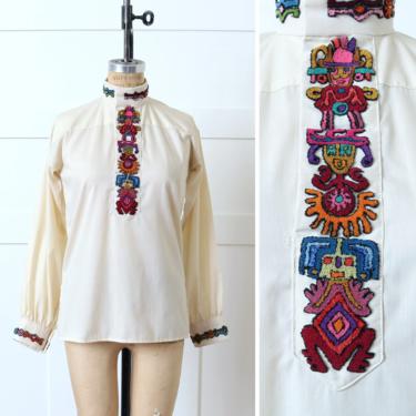 vintage 1970s embroidered blouse • puff sleeve boho top with textured Mayan embroidery 
