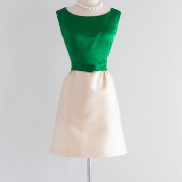 Darling 1960's Kelly Green &amp; Ivory Silk Party Dress / Waist 28