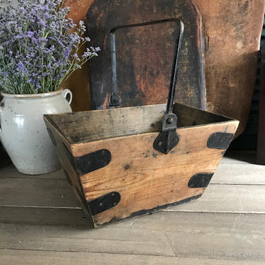 Antique English Housemaids Carrier Bucket, Wood with Iron Handle, Garden Tool Flower Basket, Storage Organizer, Rustic Farmhouse 