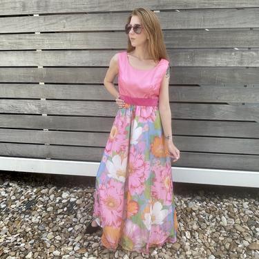 1970s Pink Sunflower Maxi Dress