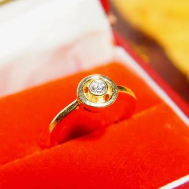 Vintage Minimalist 14K Yellow Gold Diamond Halo Ring, Solitaire Diamond Ring, .125 CT Brilliant Diamond, Stackable Gold Ring, Size 4 3/4 US 