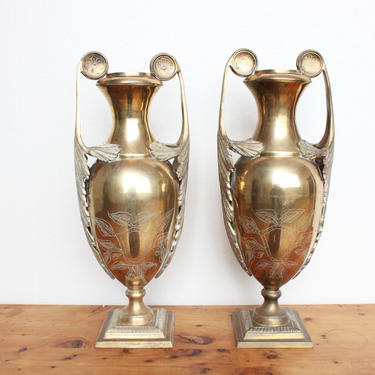 Large Pair Brass Vases Amphora Urns Hollywood Regency Victorian Winged Feather Handles Cast Brass Mantle 