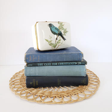 FREE SHIPPING Vintage Jewelry Box with Blue Bird | MCM White Porcelain, Gold Rim Closure Trinket Box 