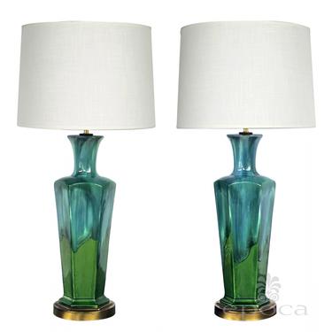 a stylish pair of mid-century modern blue and green drip-glaze hexagonal lamps