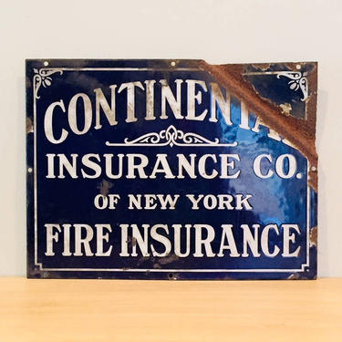 Vintage Continental Insurance Company of New York Fire Insurance Blue Porcelain Sign 