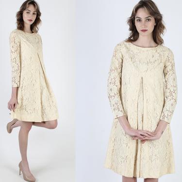 Vintage 60s Ivory Floral Lace Dress Mod Wedding Sheer Trapeze Pleated Scooter Mini Dress 
