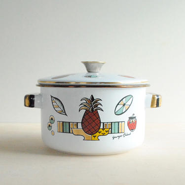 Vintage Enamel Saucepan, Georges Briard Ambrosia Pattern Lidded Pot, White Enamel Mid Century Stockpot, 2 Quart Chafing Dish 