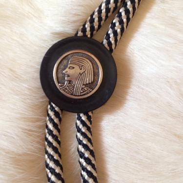 Vintage 70s 80s does 20s Egyptian Revival Bolo Tie Necklace Pharoah King Tut Black White Striped Crowley Occult by InAFeverDream