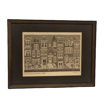 Vintage MCM Print House Scene Brown White Wood Frame Old Town Building Signed 1980 mid century modern retro wall decor architecture 