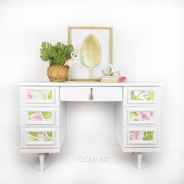 Midcentury Modern Vintage Girls Desk Vanity White Pink Green Floral 