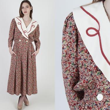 Vintage 80s Liberty Floral Dress Wide Wrap Lapel Full Skirt Pockets Secretary Maxi 