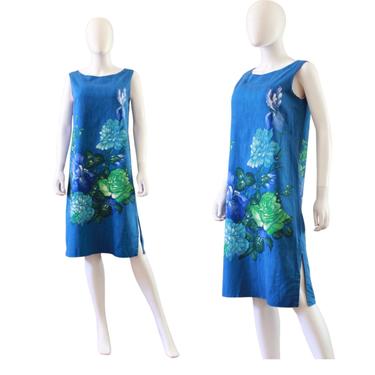 1960s Blue & Green Floral Print Cotton Shift Dress - 1960s Flower Print Dress - 1960s Blue Dress - 1960s Green Dress | Size Medium 