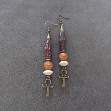 Orange wooden earrings, Ankh earrings bronze, Egyptian African earrings bold statement earrings, ethnic tribal fertility symbol Afrocentric 