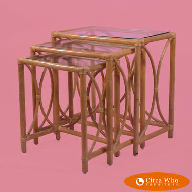 Set of 3 Large Rattan Glass Top Nesting Tables