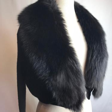 50’s black cardigan with huge black fox fur collar~ 1950’s glam~ excellent condition ~ pinup cropped rockabilly sweater~ size 36/ small 