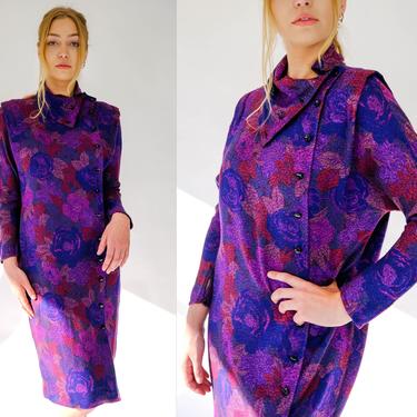 Vintage 80s Ungaro Paralelle Paris Violet Floral Mosaic Print Asymmetrical Button Dress | Made in Italy | 100% Wool | 1980s Designer Dress 