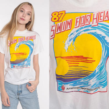 Swim For Heart Shirt 1987 Surfer Shirt Heart Association 80s Single Stitch Wave Surf Vintage Screen Stars T Shirt 1980s Graphic Tee Small xs 