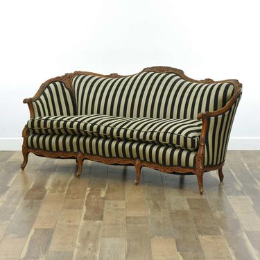 Carved French Provincial Sofa W Striped Upholstery