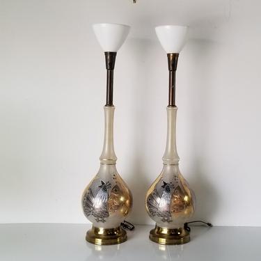 1960s Tall Hollywood Regency Reverse Painted Glass Table Lamps - a Pair. 