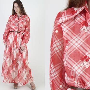 Red White Gingham Americana Dress / Plaid Puff Sleeve Work Dress / Vintage 70s Country Picnic / Checker Print Folk Tiered Skirt Maxi Dress 