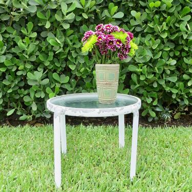 Vintage Side Table - Round White Side Table Glass Top - Rustic Chippy Paint - Small White Patio Table - Patio Decor 