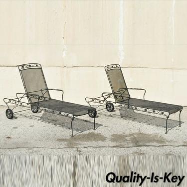 Pair of Russell Woodard Patio Garden Reclining Wrought Iron Chaise Lounge Chairs