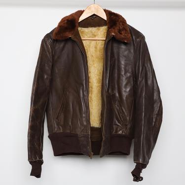 vintage Mid-Century men's LEATHER BOMBER aviator jacket with shearling liner -- men's size medium 