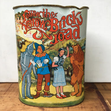 Vintage Cheinco Wizard Of Oz Trash Can, Metal 70's Waste Basket, Two Sided Graphics, Yellow Brick Road 
