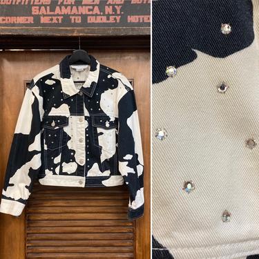 Vintage 1980’s “Adrienne Vittadini” Cow Print Design Denim Jacket, 80’s Denim, 80’s Cow Print, 80’s Rhinestone, Vintage Clothing 
