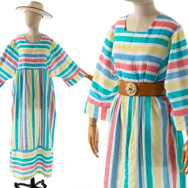 Vintage 1980s Dress | 80s Striped Cotton Wide Sleeve House Dress Kaftan Loungewear with Pockets (x-large) 