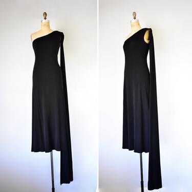 Diana 70s toga dress, one shoulder evening gown, black maxi dress, plus size dress, 1970s  disco vintage dress 