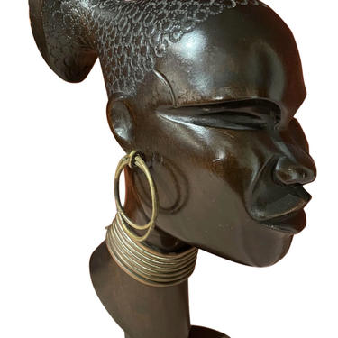 Hagenauer Carved Wood with Bronze Base Sculpture Head of African Woman 1930