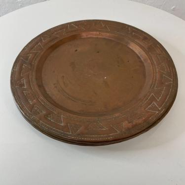 Decorative Aztec embossed Vintage Copper Plates Set of Four 1950s MEXICO 